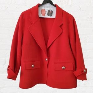 ST. JOHN Red Angora Wool Cashmere Blend Pea Coat Hammered Silver Buttons 14